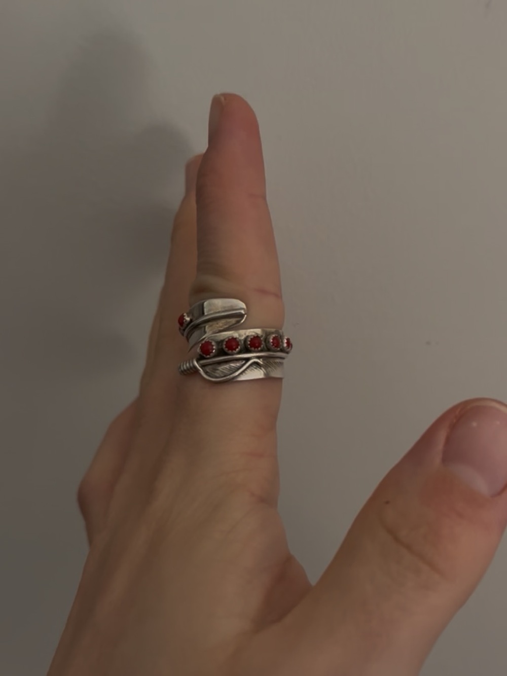 Sterling Silver Coral Stone Feather Wrap Ring